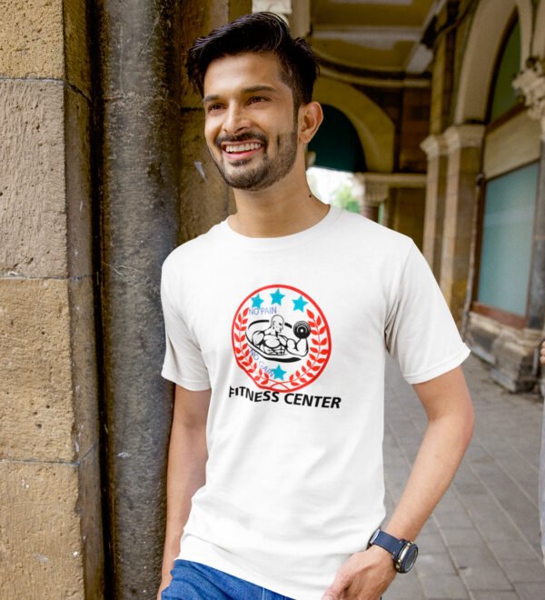Fitness Center White Round Neck Cotton Half Sleeved Men's T-Shirt with Printed Graphics - Image 3