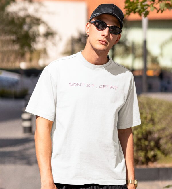 Don't Sit, Get Fit White Round Neck Cotton Half Sleeved Men's T-Shirt with Printed Graphics - Image 2
