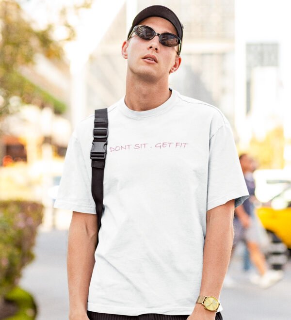 Don't Sit, Get Fit White Round Neck Cotton Half Sleeved Men's T-Shirt with Printed Graphics - Image 3