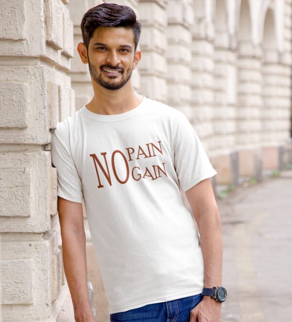 No Pain No Gain White Round Neck Cotton Half Sleeved Men's T-Shirt with Printed Graphics - Image 3