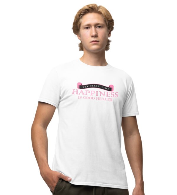 Happiness Is Health White Round Neck Cotton Half Sleeved Men's T-Shirt with Printed Graphics
