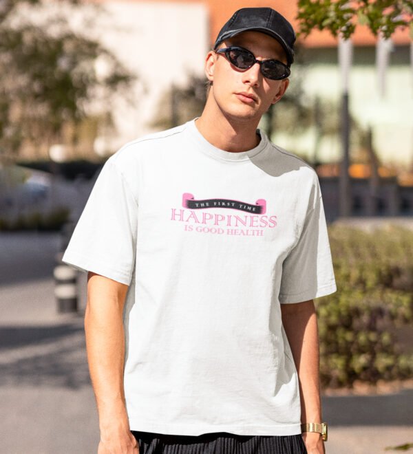 Happiness Is Health White Round Neck Cotton Half Sleeved Men's T-Shirt with Printed Graphics - Image 2