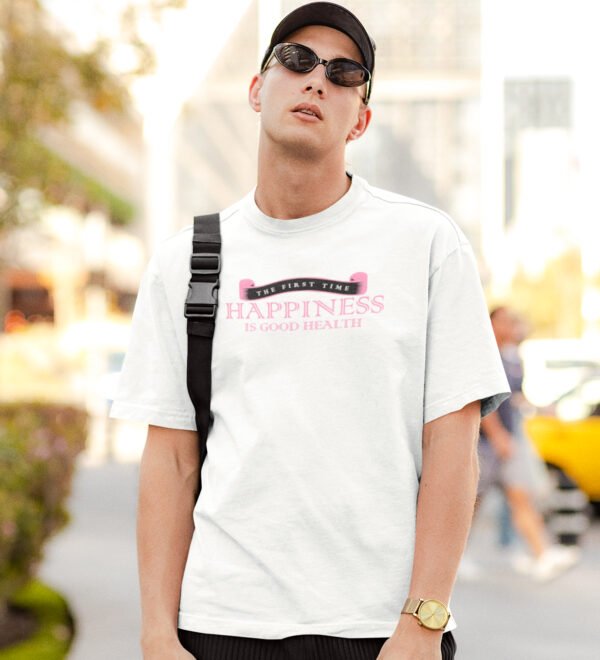 Happiness Is Health White Round Neck Cotton Half Sleeved Men's T-Shirt with Printed Graphics - Image 3