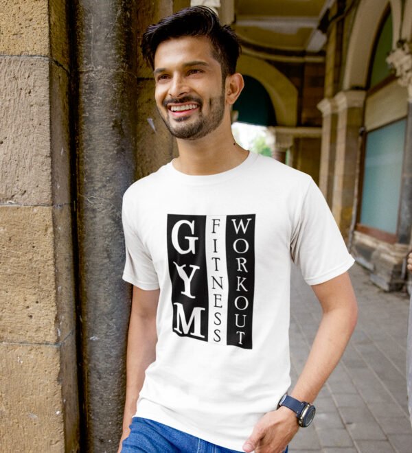 Gym, Fitness, Workout White Round Neck Cotton Half Sleeved Men's T-Shirt with Printed Graphics - Image 2