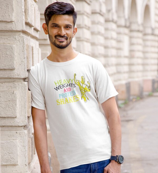 Weights & Shakes White Round Neck Cotton Half Sleeved Men's T-Shirt with Printed Graphics - Image 2