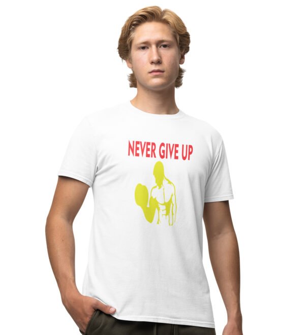 Never Give Up White Round Neck Cotton Half Sleeved Men's T-Shirt with Printed Graphics