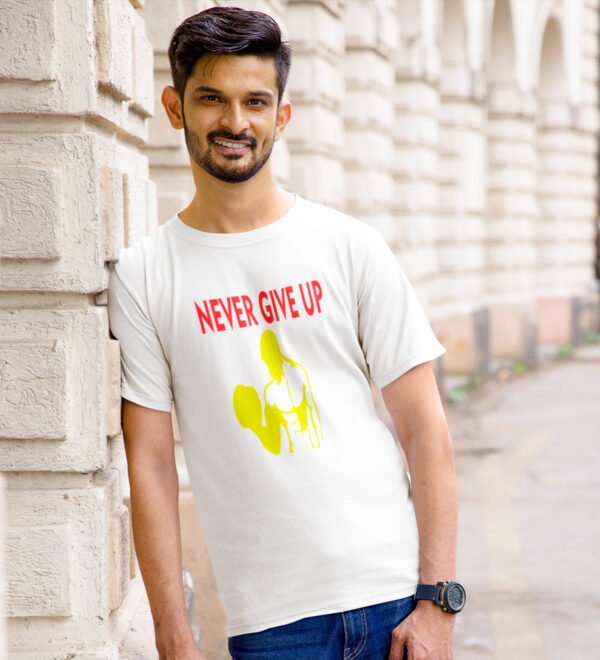 Never Give Up White Round Neck Cotton Half Sleeved Men's T-Shirt with Printed Graphics - Image 3