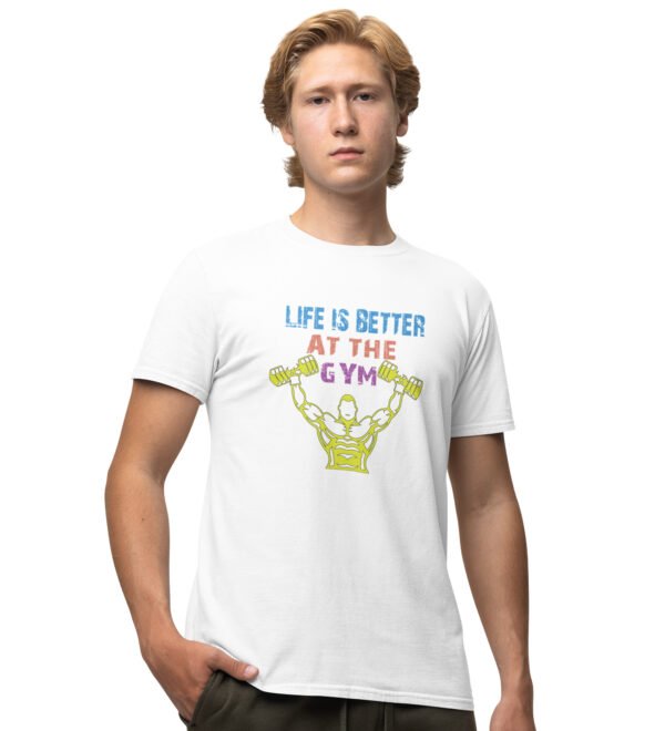 Better At The Gym White Round Neck Cotton Half Sleeved Men's T-Shirt with Printed Graphics