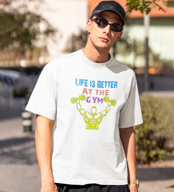 Better At The Gym White Round Neck Cotton Half Sleeved Men's T-Shirt with Printed Graphics - Image 2