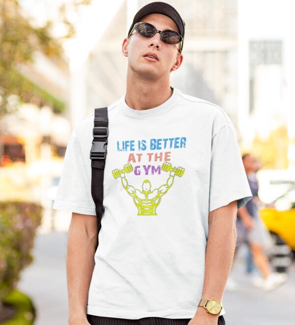 Better At The Gym White Round Neck Cotton Half Sleeved Men's T-Shirt with Printed Graphics - Image 3