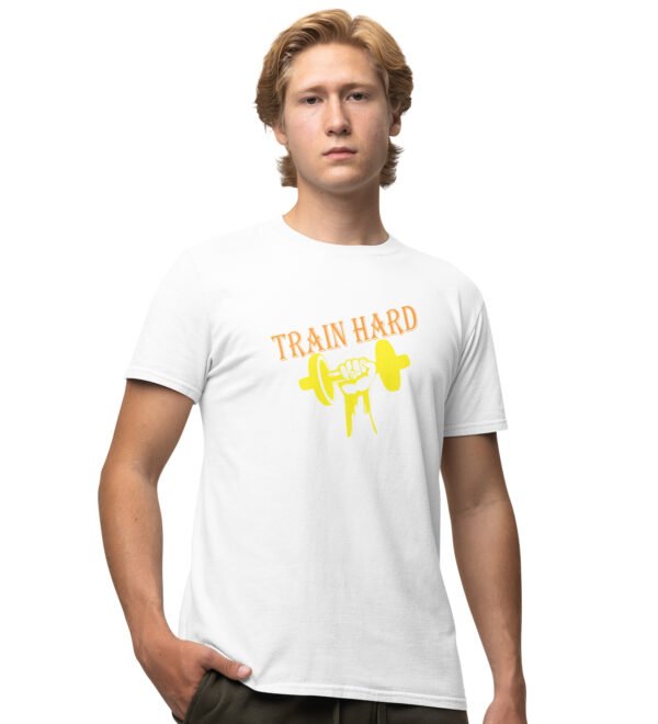 Train Hard (BG Yellow and Orange) White Round Neck Cotton Half Sleeved Men's T-Shirt with Printed Graphics
