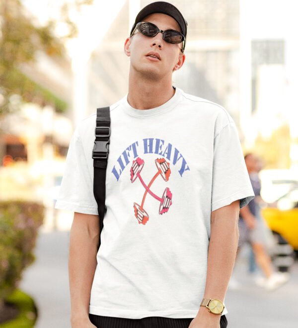 Lift Heavy White Round Neck Cotton Half Sleeved Men's T-Shirt with Printed Graphics - Image 2