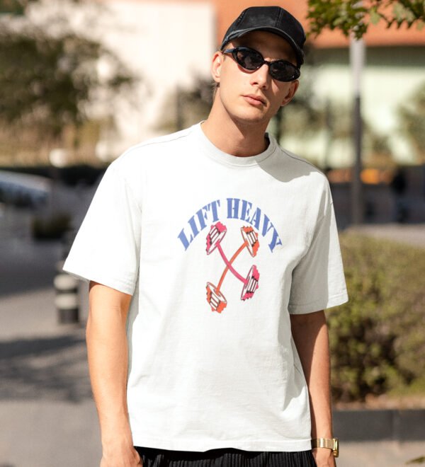 Lift Heavy White Round Neck Cotton Half Sleeved Men's T-Shirt with Printed Graphics - Image 3