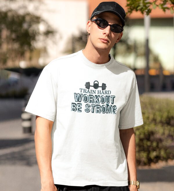 Workout, Be Strong White Round Neck Cotton Half Sleeved Men's T-Shirt with Printed Graphics - Image 3