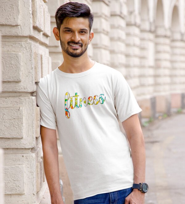 Fitness White Round Neck Cotton Half Sleeved Men's T-Shirt with Printed Graphics - Image 2