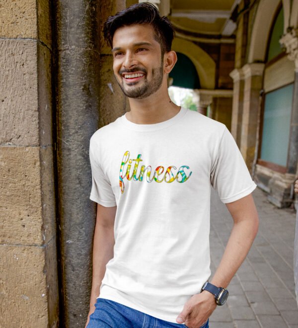 Fitness White Round Neck Cotton Half Sleeved Men's T-Shirt with Printed Graphics - Image 3