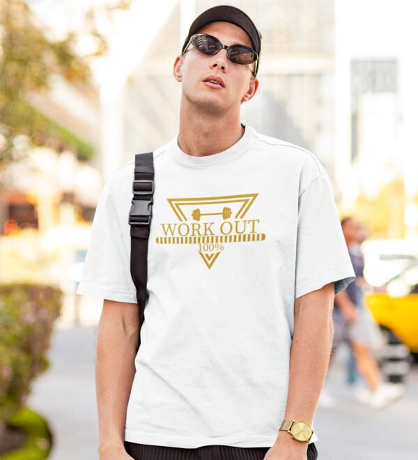 Workout 100%, (BG Golden) White Round Neck Cotton Half Sleeved Men's T-Shirt with Printed Graphics - Image 2