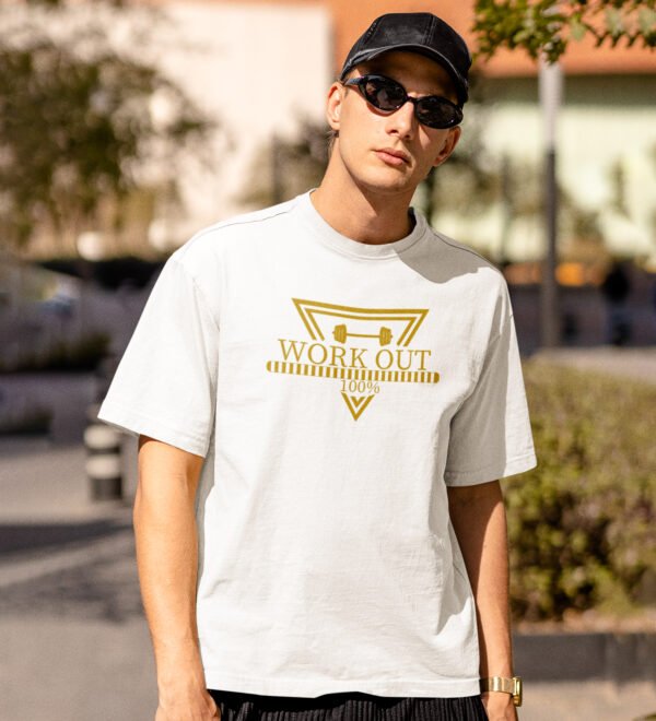 Workout 100%, (BG Golden) White Round Neck Cotton Half Sleeved Men's T-Shirt with Printed Graphics - Image 3