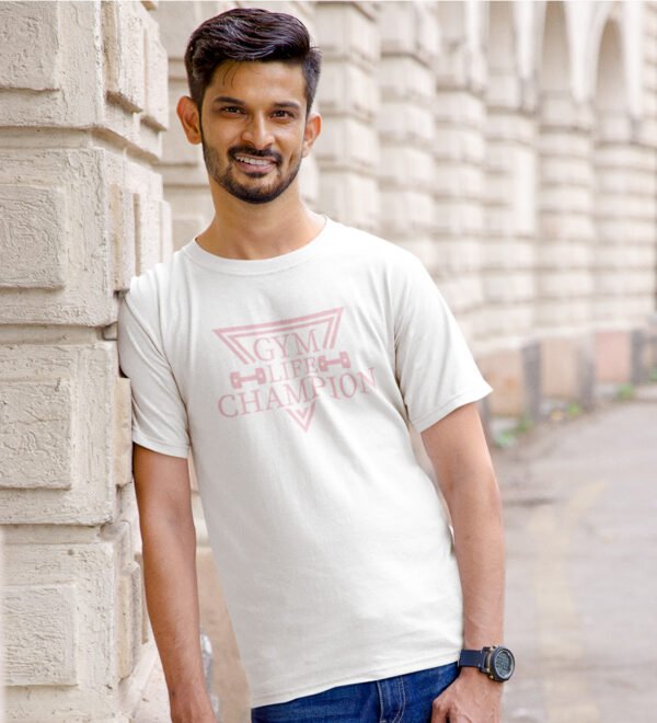 Gym Life Champion White Round Neck Cotton Half Sleeved Men's T-Shirt with Printed Graphics - Image 2
