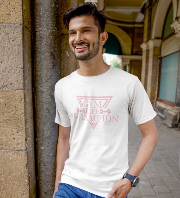 Gym Life Champion White Round Neck Cotton Half Sleeved Men's T-Shirt with Printed Graphics - Image 3