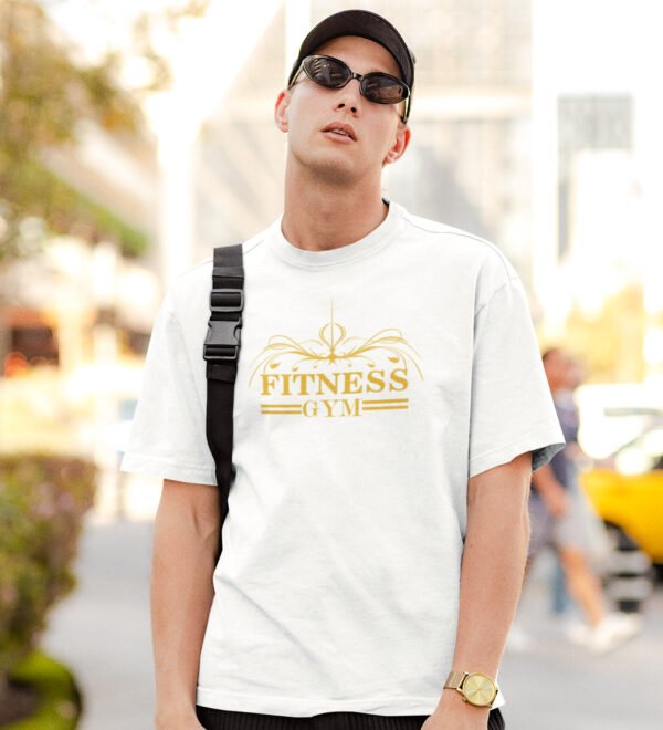 Fitness Gym (BG Golden) White Round Neck Cotton Half Sleeved Men's T-Shirt with Printed Graphics - Image 3
