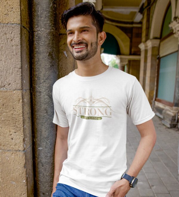 Strong By Gym White Round Neck Cotton Half Sleeved Men's T-Shirt with Printed Graphics - Image 2