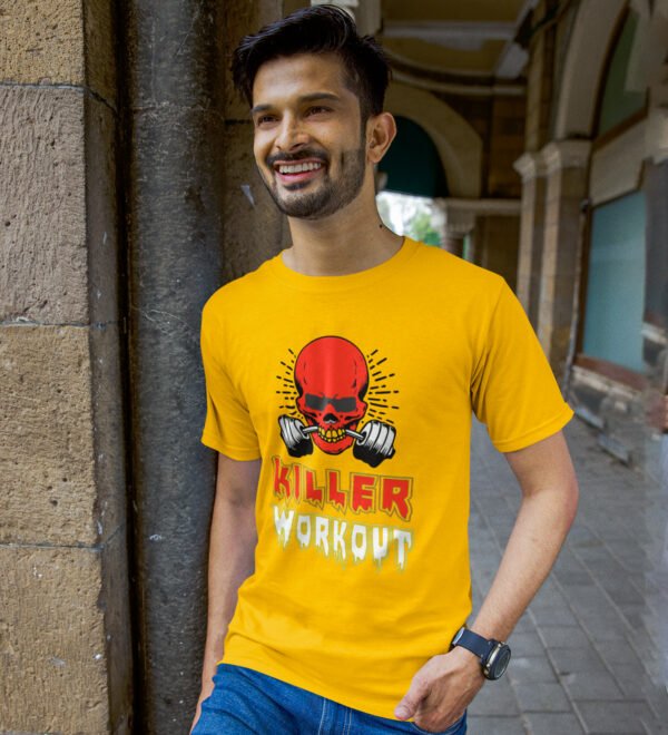 Killer Workout Yellow Round Neck Cotton Half Sleeved Men's T-Shirt with Printed Graphics