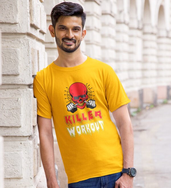 Killer Workout Yellow Round Neck Cotton Half Sleeved Men's T-Shirt with Printed Graphics - Image 2