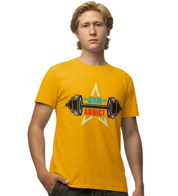 A Gym Addict Yellow Round Neck Cotton Half Sleeved Men's T-Shirt with Printed Graphics