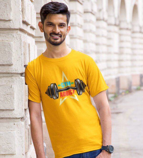 A Gym Addict Yellow Round Neck Cotton Half Sleeved Men's T-Shirt with Printed Graphics - Image 2