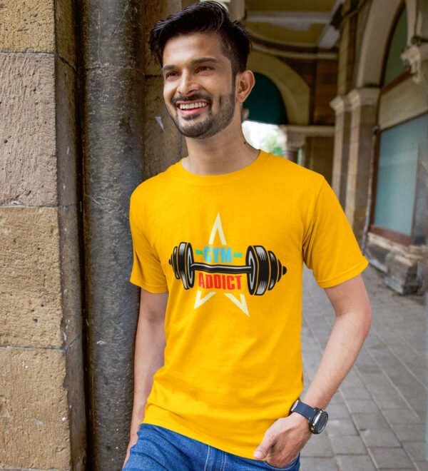 A Gym Addict Yellow Round Neck Cotton Half Sleeved Men's T-Shirt with Printed Graphics - Image 3