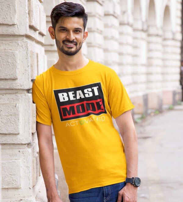 Beast Mode On Yellow Round Neck Cotton Half Sleeved Men's T-Shirt with Printed Graphics - Image 2