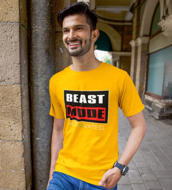 Beast Mode On Yellow Round Neck Cotton Half Sleeved Men's T-Shirt with Printed Graphics - Image 3