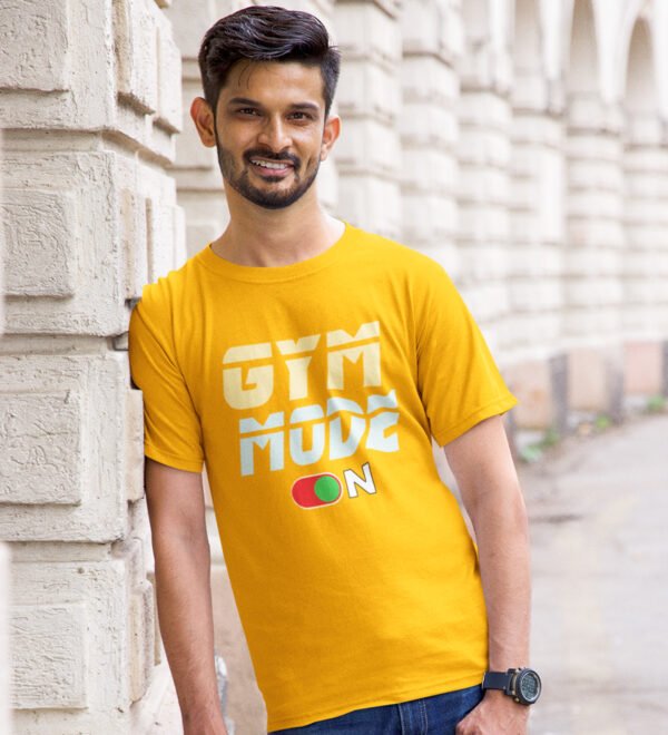 Gym Mode On Yellow Round Neck Cotton Half Sleeved Men's T-Shirt with Printed Graphics - Image 2