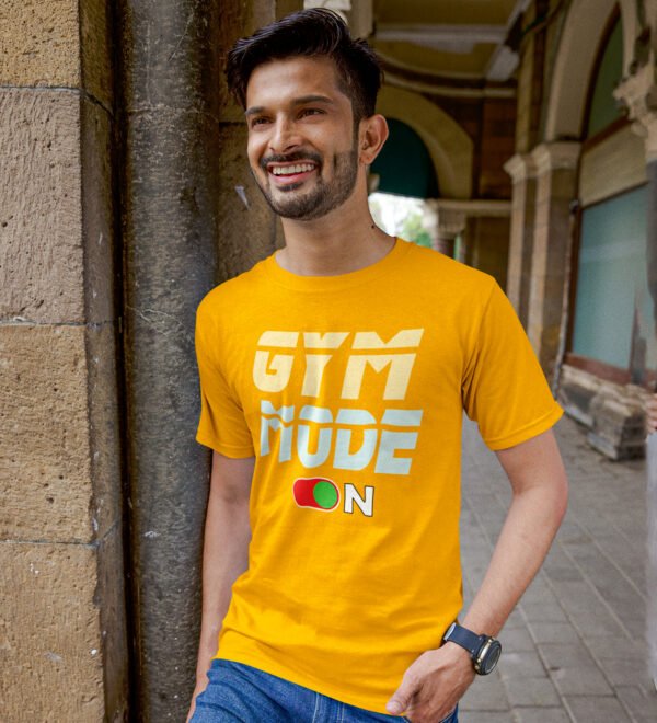 Gym Mode On Yellow Round Neck Cotton Half Sleeved Men's T-Shirt with Printed Graphics - Image 3