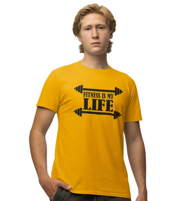 Fitness is My Life Yellow Round Neck Cotton Half Sleeved Men's T-Shirt with Printed Graphics