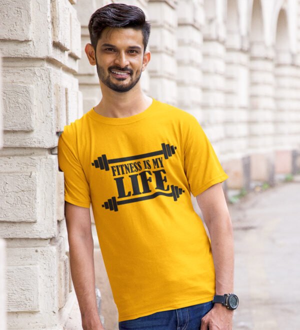 Fitness is My Life Yellow Round Neck Cotton Half Sleeved Men's T-Shirt with Printed Graphics - Image 2