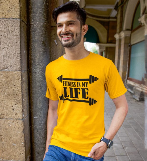 Fitness is My Life Yellow Round Neck Cotton Half Sleeved Men's T-Shirt with Printed Graphics - Image 3