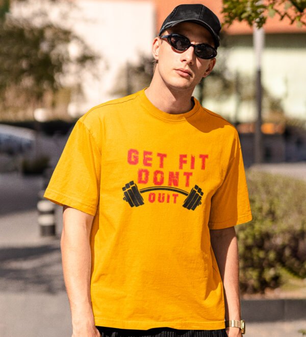 Get Fit, Don't Quit Yellow Round Neck Cotton Half Sleeved Men's T-Shirt with Printed Graphics - Image 3