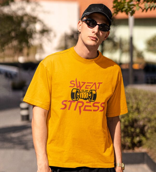 Sweat & Stress Yellow Round Neck Cotton Half Sleeved Men's T-Shirt with Printed Graphics - Image 2
