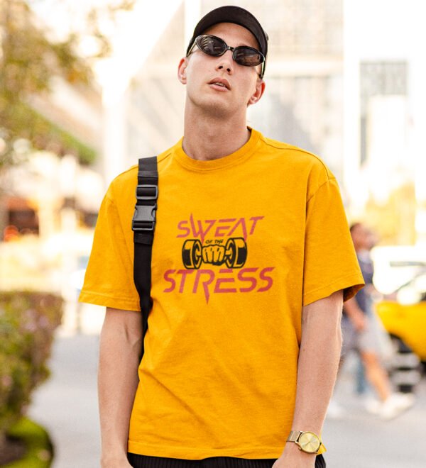 Sweat & Stress Yellow Round Neck Cotton Half Sleeved Men's T-Shirt with Printed Graphics - Image 3