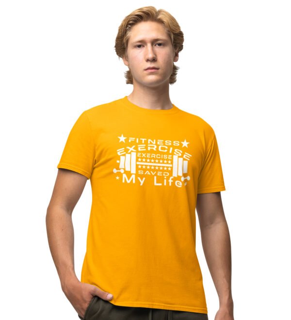 Exercise Saved My Life Yellow Round Neck Cotton Half Sleeved Men's T-Shirt with Printed Graphics