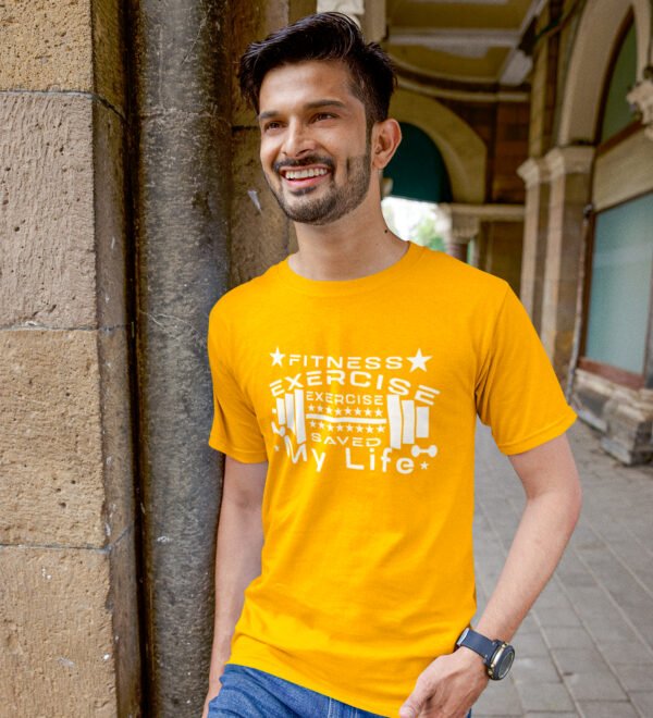 Exercise Saved My Life Yellow Round Neck Cotton Half Sleeved Men's T-Shirt with Printed Graphics - Image 2