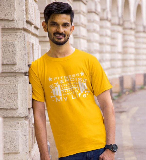 Exercise Saved My Life Yellow Round Neck Cotton Half Sleeved Men's T-Shirt with Printed Graphics - Image 3