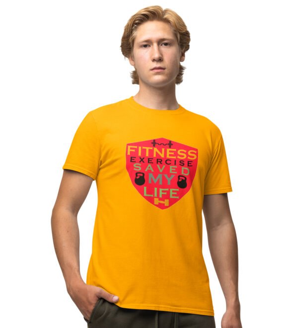 Fitness Exercise Saved My Life (BG Shield) Yellow Round Neck Cotton Half Sleeved Men's T-Shirt with Printed Graphics