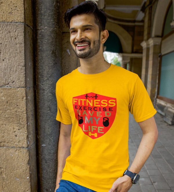 Fitness Exercise Saved My Life (BG Shield) Yellow Round Neck Cotton Half Sleeved Men's T-Shirt with Printed Graphics - Image 2