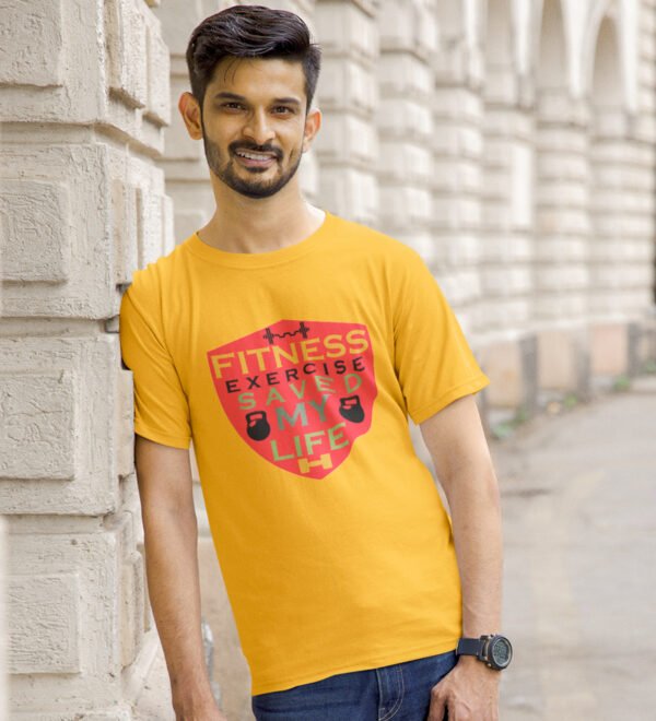 Fitness Exercise Saved My Life (BG Shield) Yellow Round Neck Cotton Half Sleeved Men's T-Shirt with Printed Graphics - Image 3