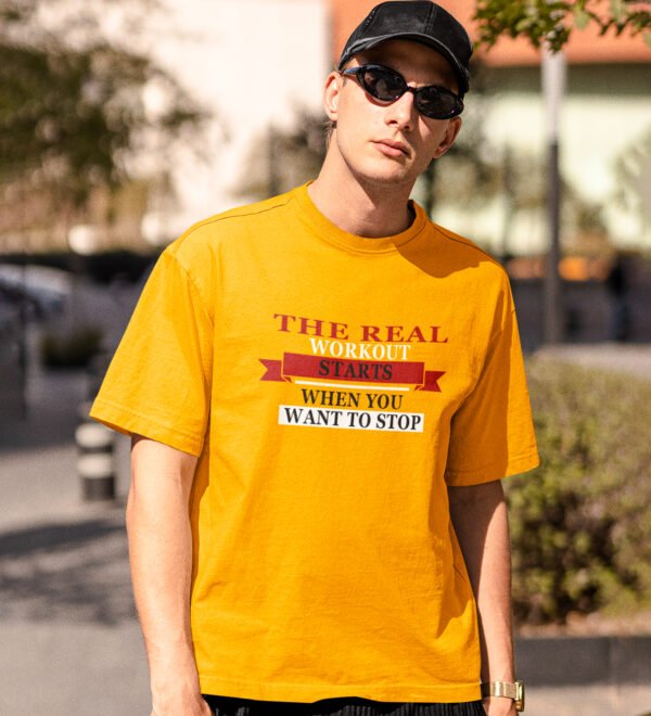 The Real Workout Yellow Round Neck Cotton Half Sleeved Men's T-Shirt with Printed Graphics - Image 2