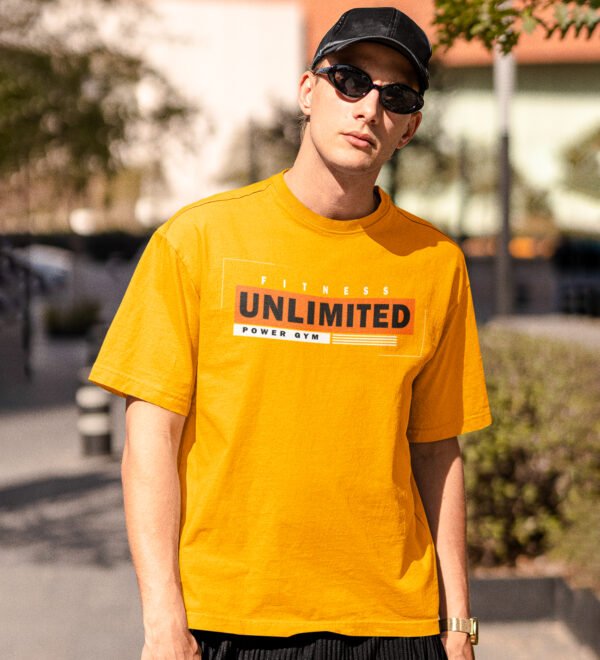 Unlimited, (BG Orange), Power Gym Yellow Round Neck Cotton Half Sleeved Men's T-Shirt with Printed Graphics - Image 2
