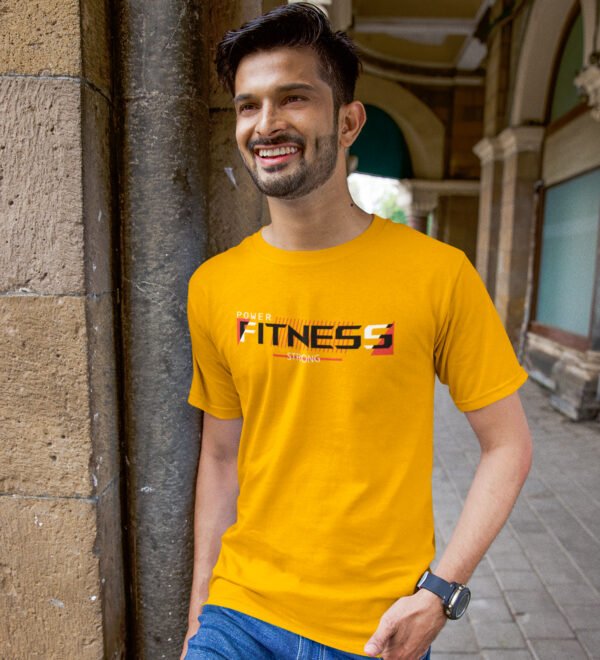 Power Fitness Strong Yellow Round Neck Cotton Half Sleeved Men's T-Shirt with Printed Graphics - Image 2